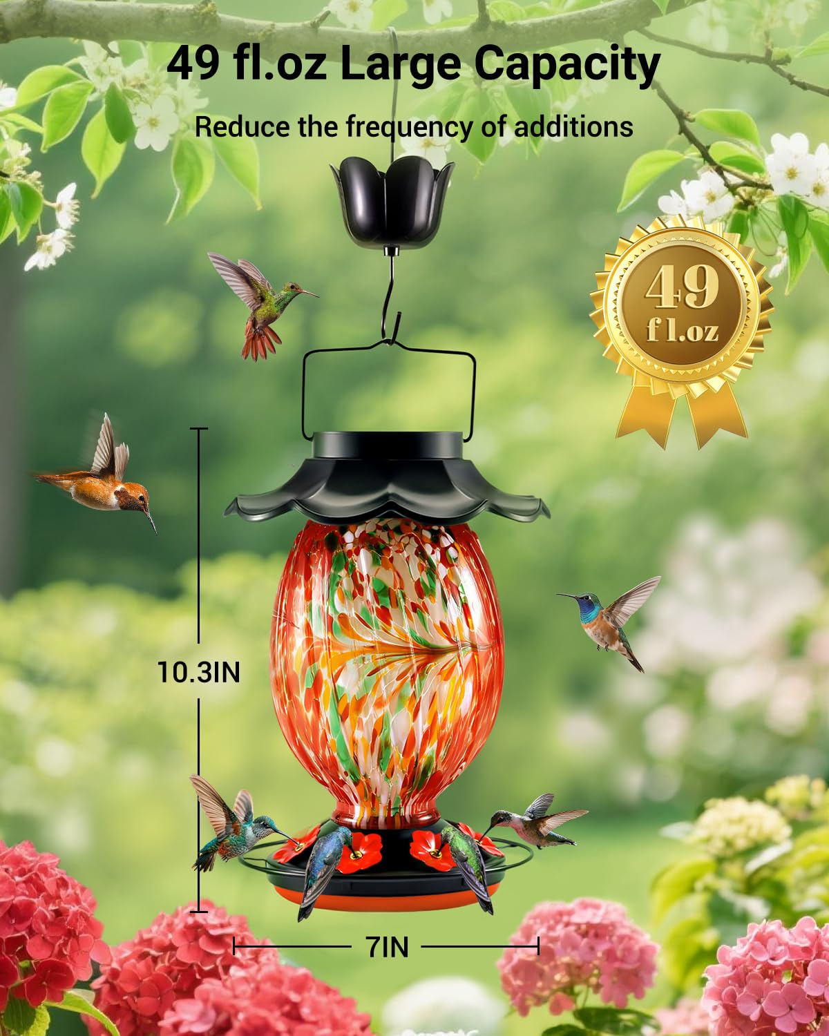 HouseSapp Solar Hummingbird Feeder - 49 fl.oz Hand Blown Glass Color Changing - 7 Feeding Ports with Perch - Never Leak - Perfect Hummingbird Feeder