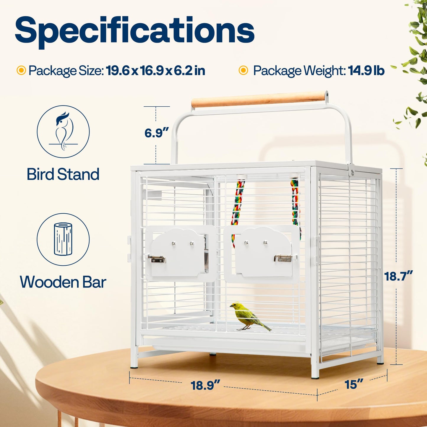 VIVOHOME 19 Inch Wrought Iron Bird Travel Carrier Cage for Parrots Conures Lovebird Cockatiel Parakeets White