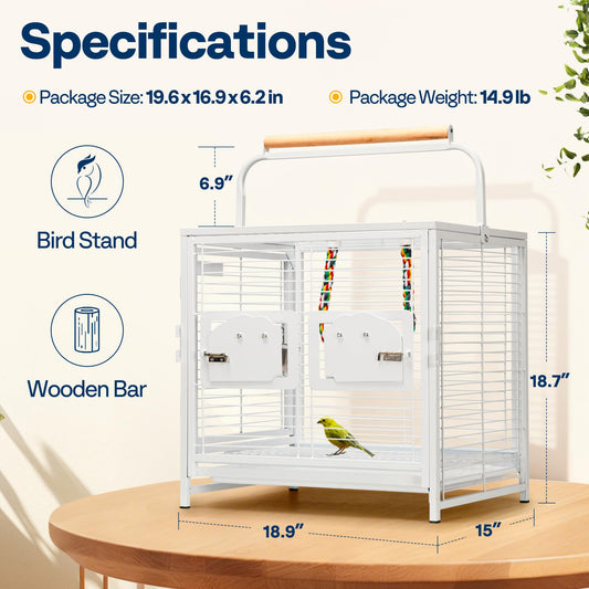 VIVOHOME 19 Inch Wrought Iron Bird Travel Carrier Cage for Parrots Conures Lovebird Cockatiel Parakeets White