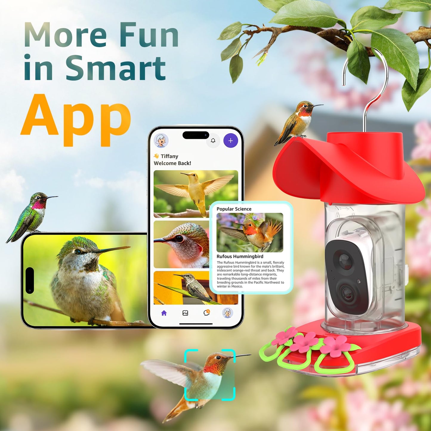 birdsnap® Hummingbird Feeder with Camera Solar Powered, 2K Live Stream AI Bird Identification with 32GB Card Ant Moat Weatherproof WiFi Smart Bird Feeder Camera for Outdoor Birds Watching Gifts