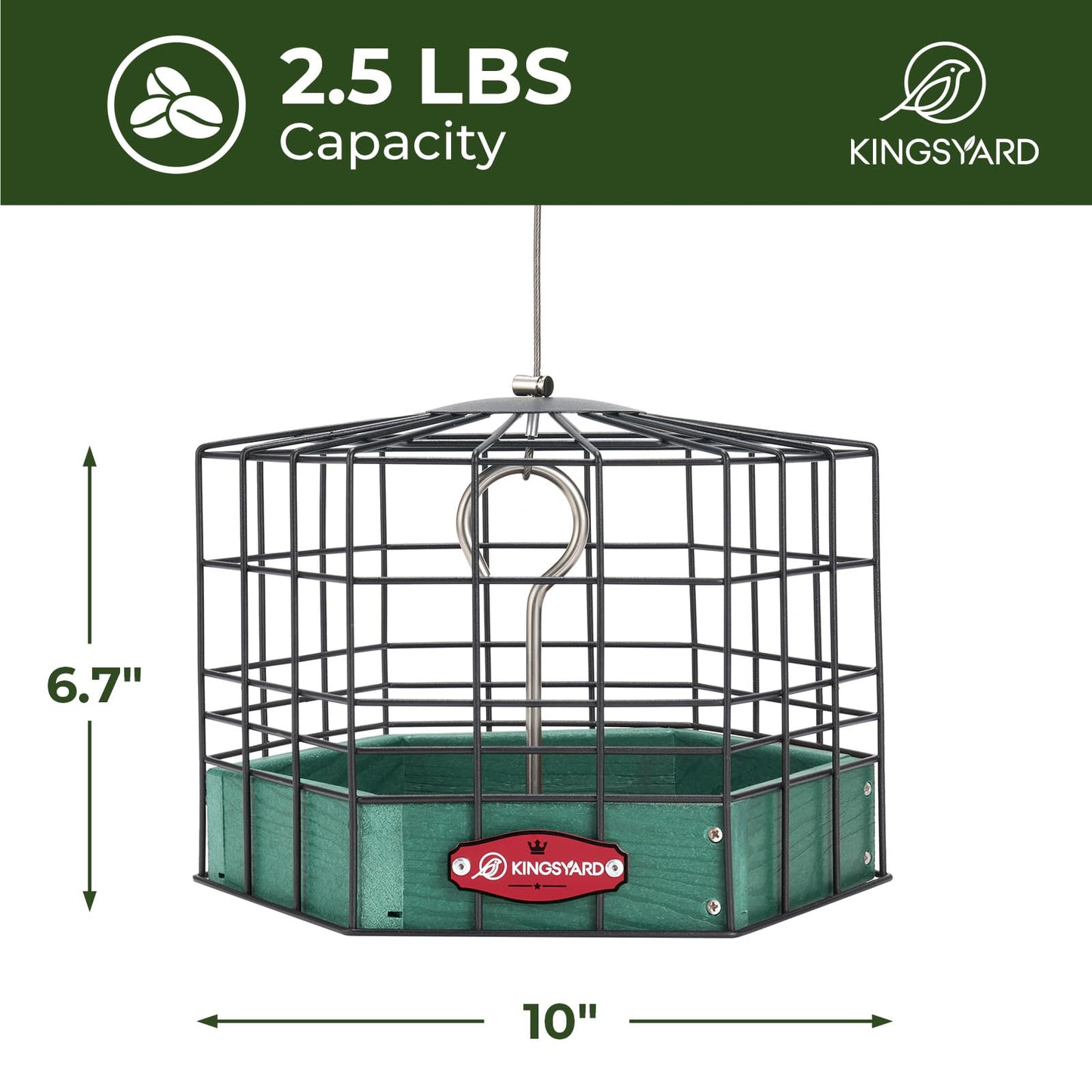 Kingsyard Squirrel Proof Platform Bird Feeders for Outdoor Hanging, 10" Wide Metal Caged Bird Feeder for Small Wildbirds Finches, Recycled Plastic Feeding Platform with Metal Seed Tray, Green