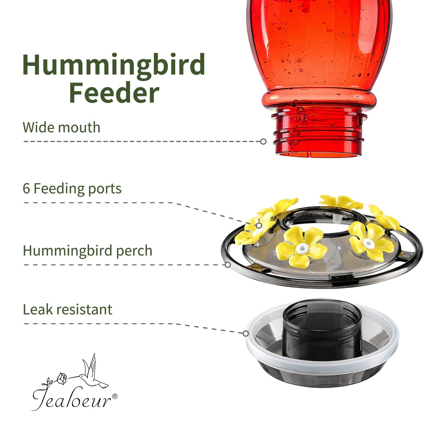 Jealoeur Hummingbird Feeder for Outdoors Hanging, 18 OZ Humming Birds Feeders with 6 Bee Guard Feeding Ports & Built-in Ant Moat, Easy to Clean, Durable Outdoor Garden Decor (Red 1 Pack-C)