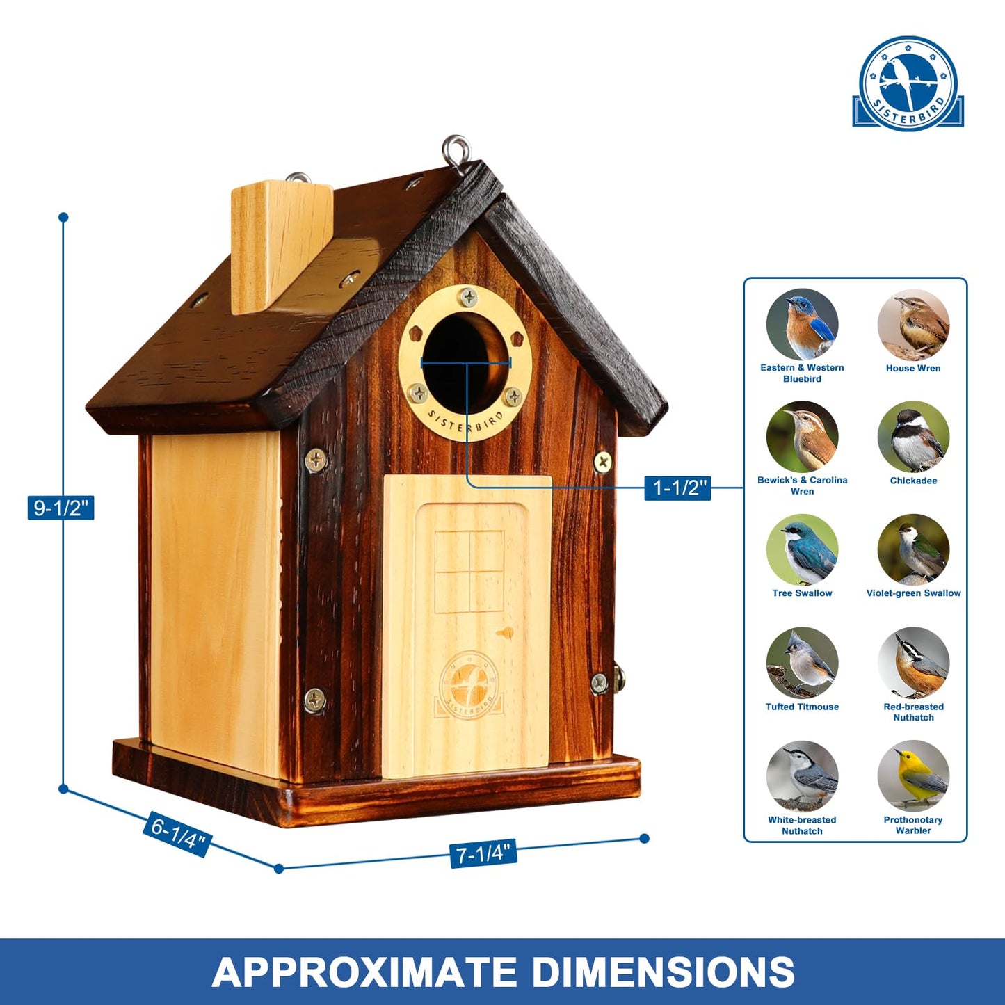 SISTERBIRD Bluebird Houses for Outside, Premium Bird Houses for Outside, Wooden Cabin Birdhouses for Outdoors, Weatherproof Courtyard Decorated Hanging Bird House, Nesting Bird House