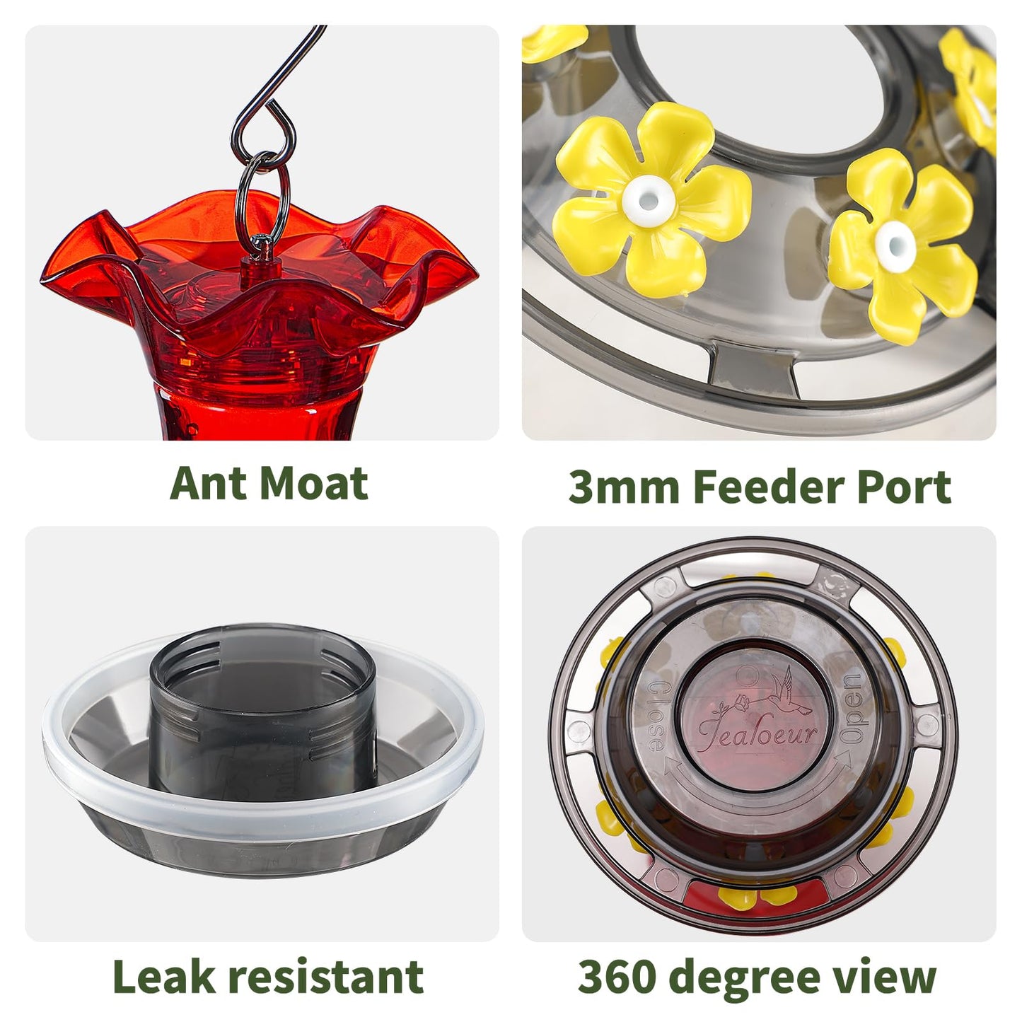 Jealoeur Hummingbird Feeder for Outdoors Hanging, 18 OZ Humming Birds Feeders with 6 Bee Guard Feeding Ports & Built-in Ant Moat, Easy to Clean, Durable Outdoor Garden Decor (Red 1 Pack-C)