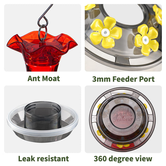 Jealoeur Hummingbird Feeder for Outdoors Hanging, 18 OZ Humming Birds Feeders with 6 Bee Guard Feeding Ports & Built-in Ant Moat, Easy to Clean, Durable Outdoor Garden Decor (Red 1 Pack-C)