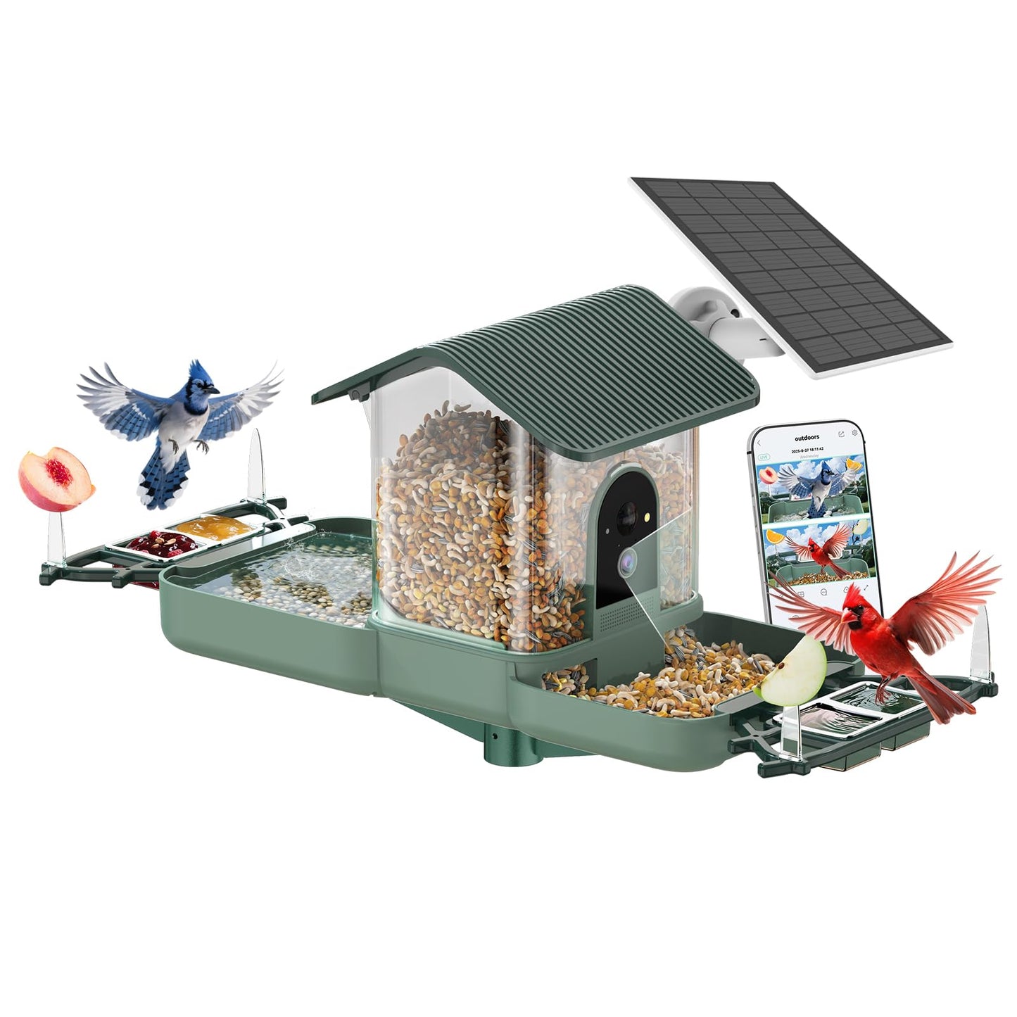 KUIKEO Dual-Lens Bird Feeder with Camera & Bird Bath Combo, Watch Birds Eat & Bathe with WiFi 2K HD Video, Auto Record, AI Recognition, APP Alerts, Solar Powered, for Backyard Garden Porch Fence Decor