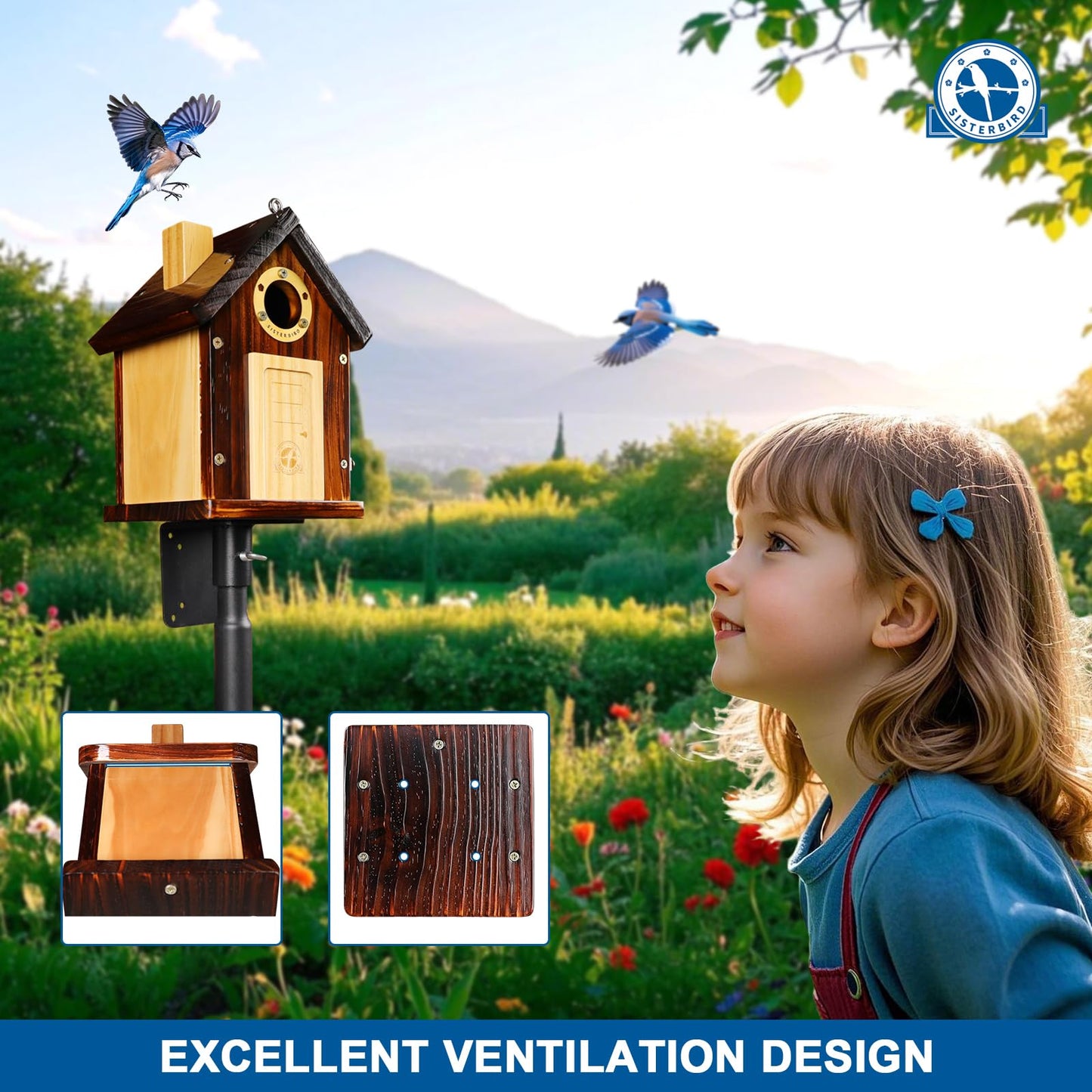 SISTERBIRD Bluebird Houses for Outside, Premium Bird Houses for Outside, Wooden Cabin Birdhouses for Outdoors, Weatherproof Courtyard Decorated Hanging Bird House, Nesting Bird House