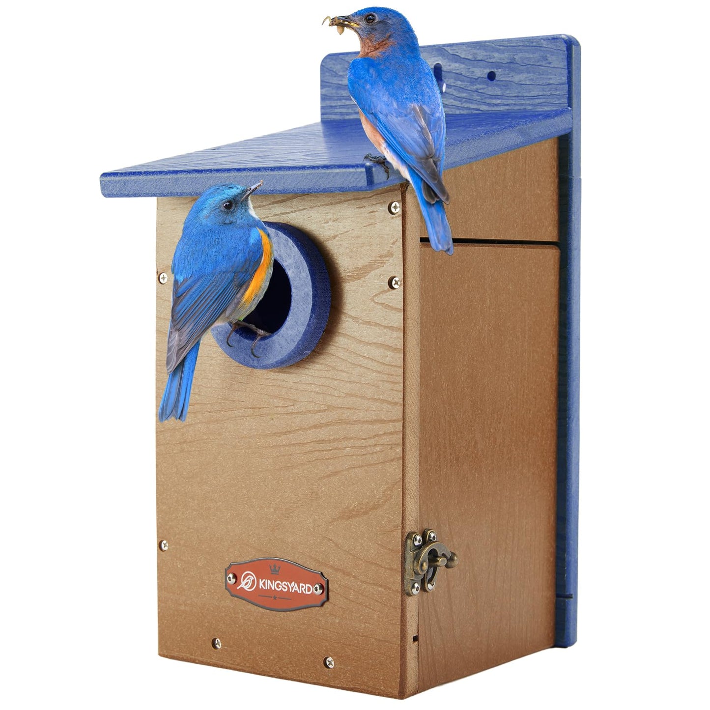 Kingsyard Recycled Plastic Bird House for Outdoor - Durable Nesting Box with Clear View Panel & Predator Guard for Bluebird Wren Swallow Finch, Blue & Brown
