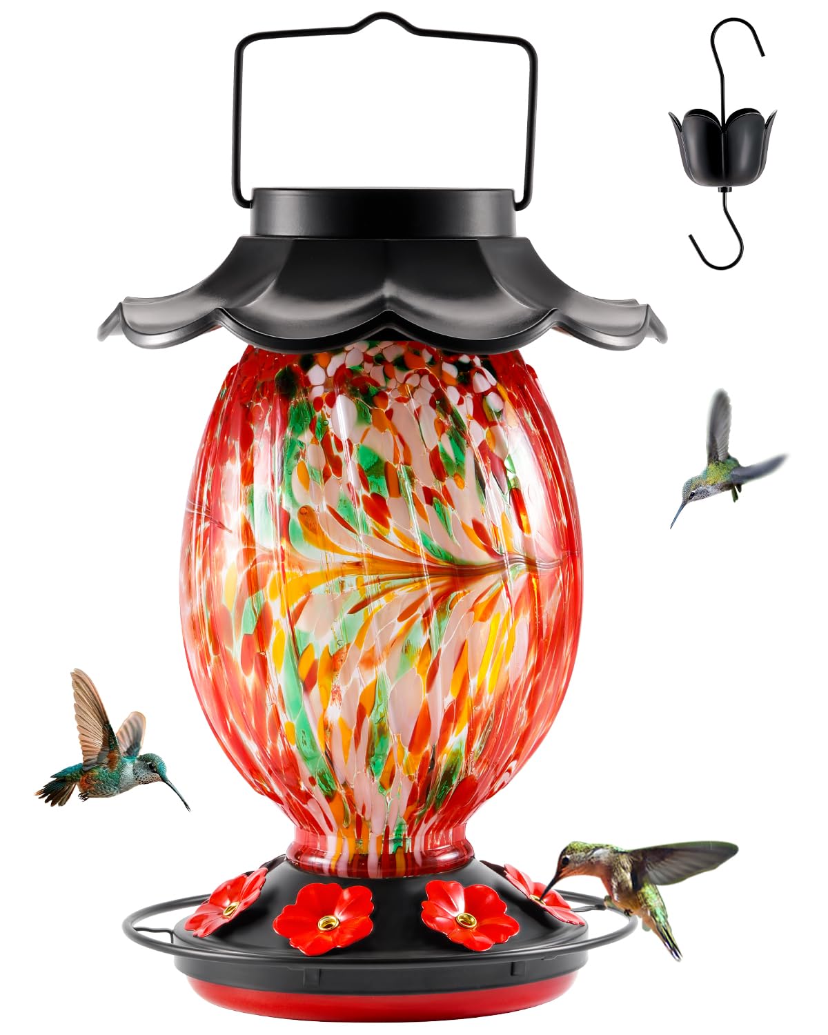 HouseSapp Solar Hummingbird Feeder - 49 fl.oz Hand Blown Glass Color Changing - 7 Feeding Ports with Perch - Never Leak - Perfect Hummingbird Feeder