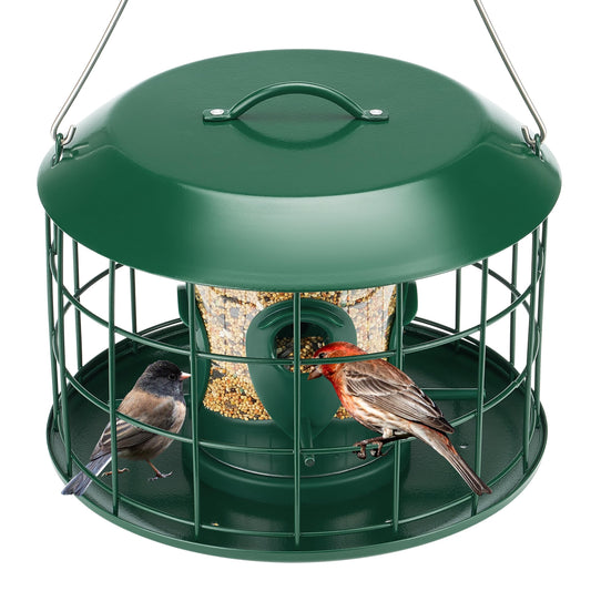 Kingsyard Tube Squirrel Proof Bird Feeders for Outdoor Hanging, Metal Caged Bird Feeder with Rain Proof Covered for Wildbirds Finches Bluebird, 4 Feeding Ports, Green