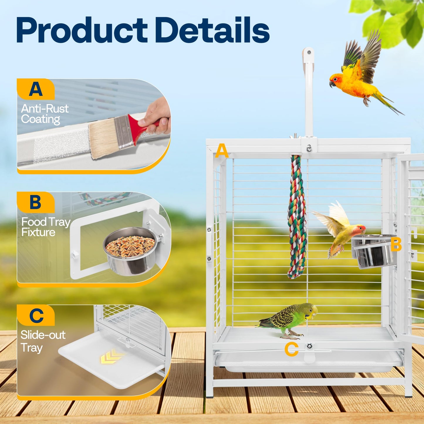 VIVOHOME 19 Inch Wrought Iron Bird Travel Carrier Cage for Parrots Conures Lovebird Cockatiel Parakeets White
