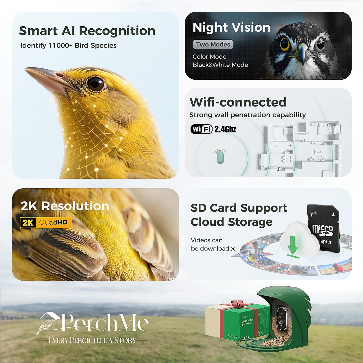 PerchMe® 2025 New AI Bird Feeder with Camera Solar Powered -2K HD Live View,Smart Bird House Camera Wireless Outdoor,DIY Add-ons,Pefect Birding Gift for Parents & Families