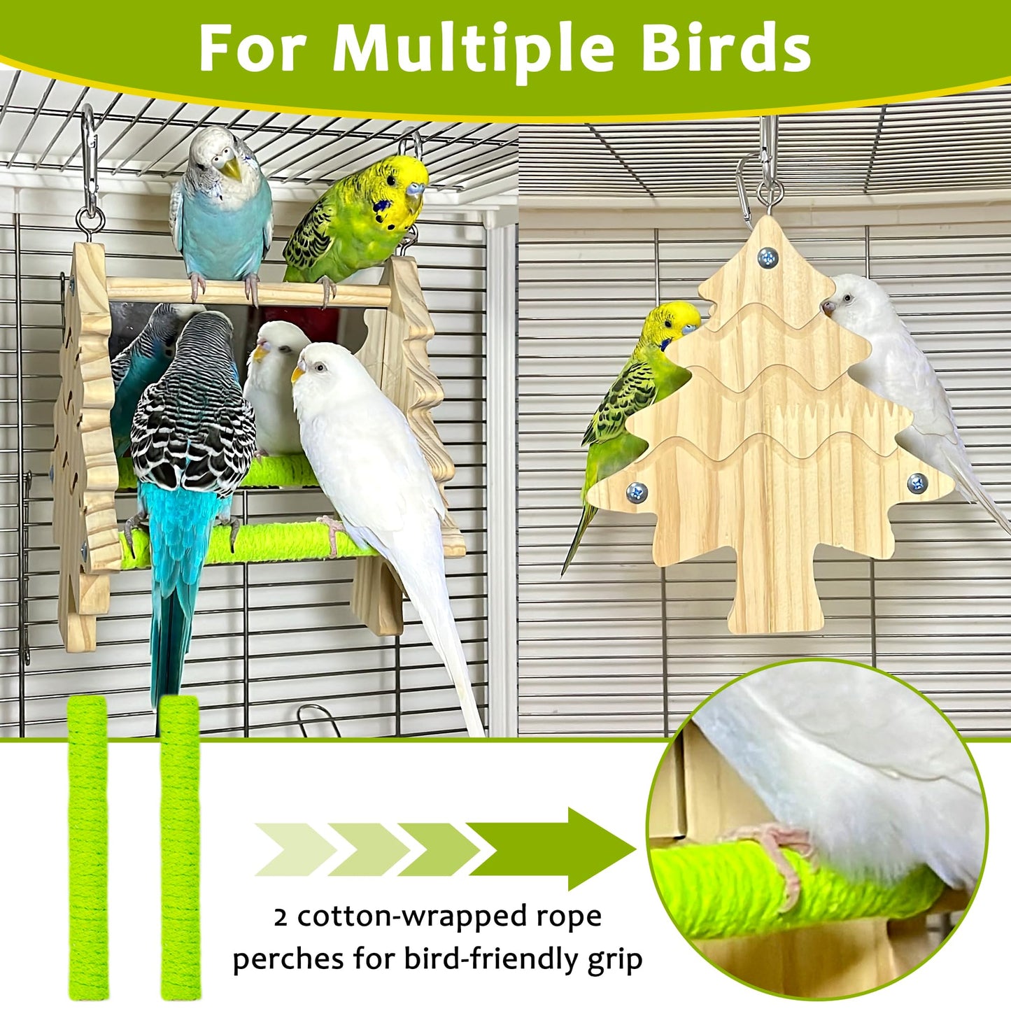 Bird Mirror Toy Perch, 2-Sided Hd Parakeet Mirrors & 2 Cotton-Wrapped Perches for Multiple Birds, Wooden Frame Hanging Parrot Swing for Cage, Safe No Sharp Edges Bird Toy for Budgie Lovebird Cockatiel
