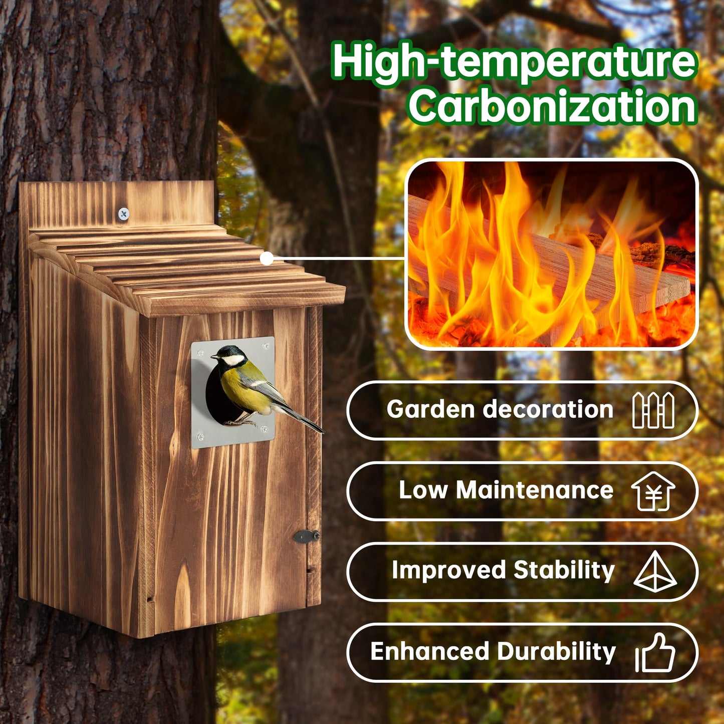 Bird Houses for Outside with Metal Predator Guard for Bluebird Wren Swallow Finch, Carbonized Wooden Nesting Boxes for Outdoor, Sturdy Bird House,Easy to Clean
