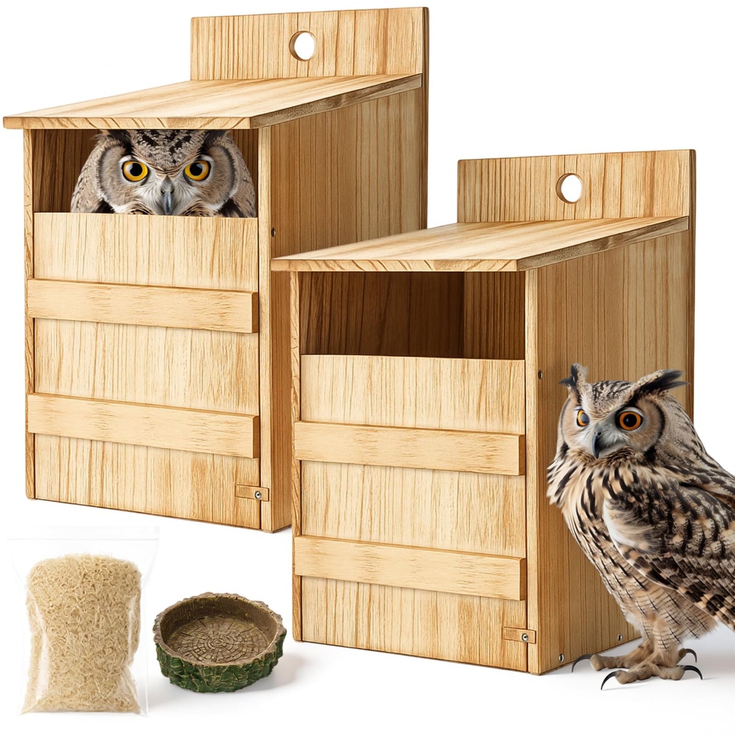 AceOrbit 2 Pack Owl House Screech Owl Nesting Box Kit for Outside 15.4'' Carbonized Wooden Bird Squirrel House Opening Easy Assemble Christmas Shelter Gift with Water Bowl Wood Shavings Tools for Barn