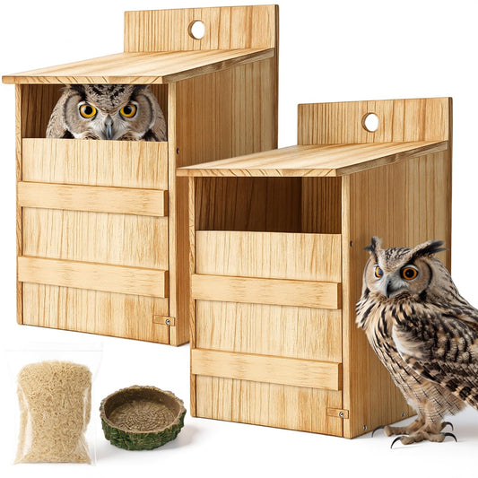 AceOrbit 2 Pack Owl House Screech Owl Nesting Box Kit for Outside 15.4'' Carbonized Wooden Bird Squirrel House Opening Easy Assemble Christmas Shelter Gift with Water Bowl Wood Shavings Tools for Barn