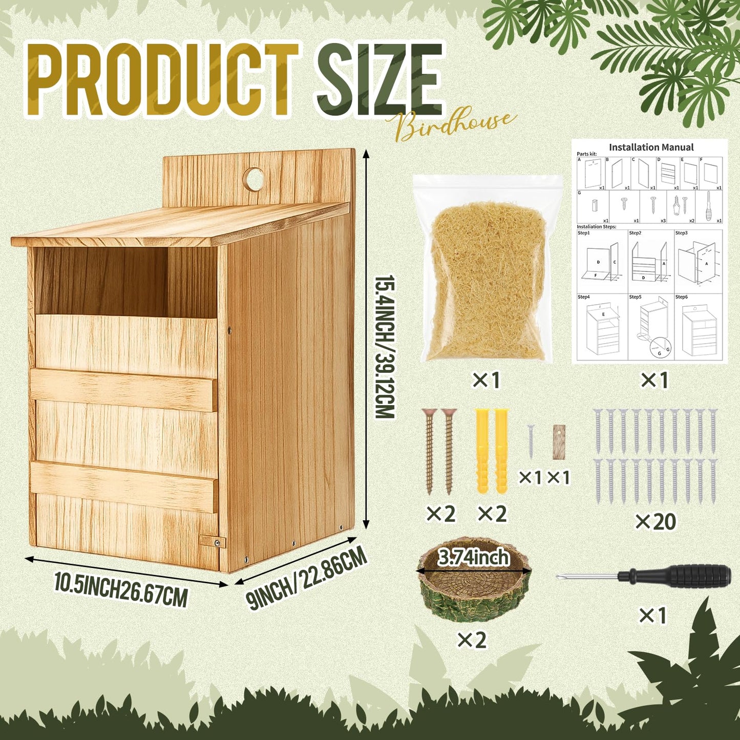 AceOrbit 2 Pack Owl House Screech Owl Nesting Box Kit for Outside 15.4'' Carbonized Wooden Bird Squirrel House Opening Easy Assemble Christmas Shelter Gift with Water Bowl Wood Shavings Tools for Barn