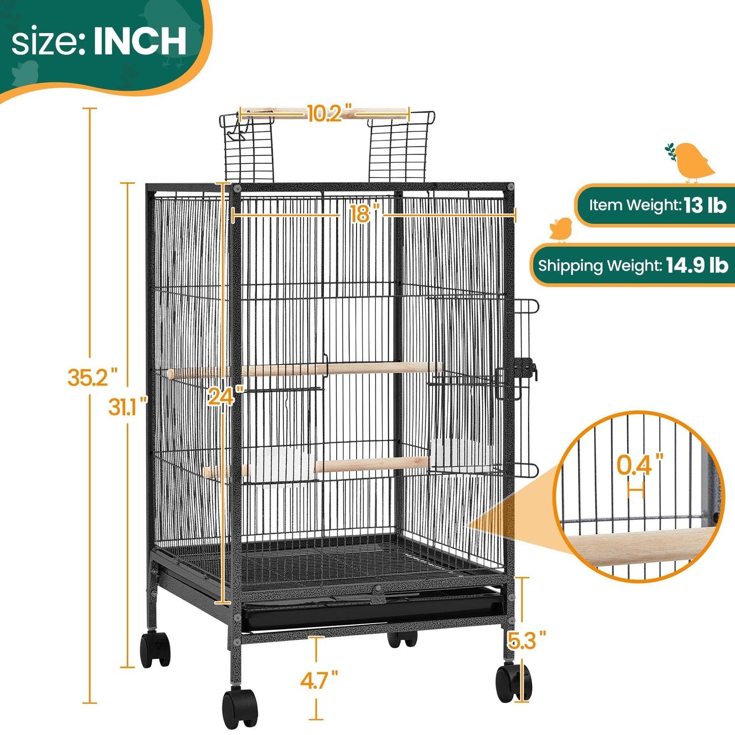 Yaheetech 35 inch Wrought Iron Bird Cage w/Play Open Top and Rolling Stand for Small Birds Like Parrots Conure Lovebird Cockatiel Lovebirds Budgies