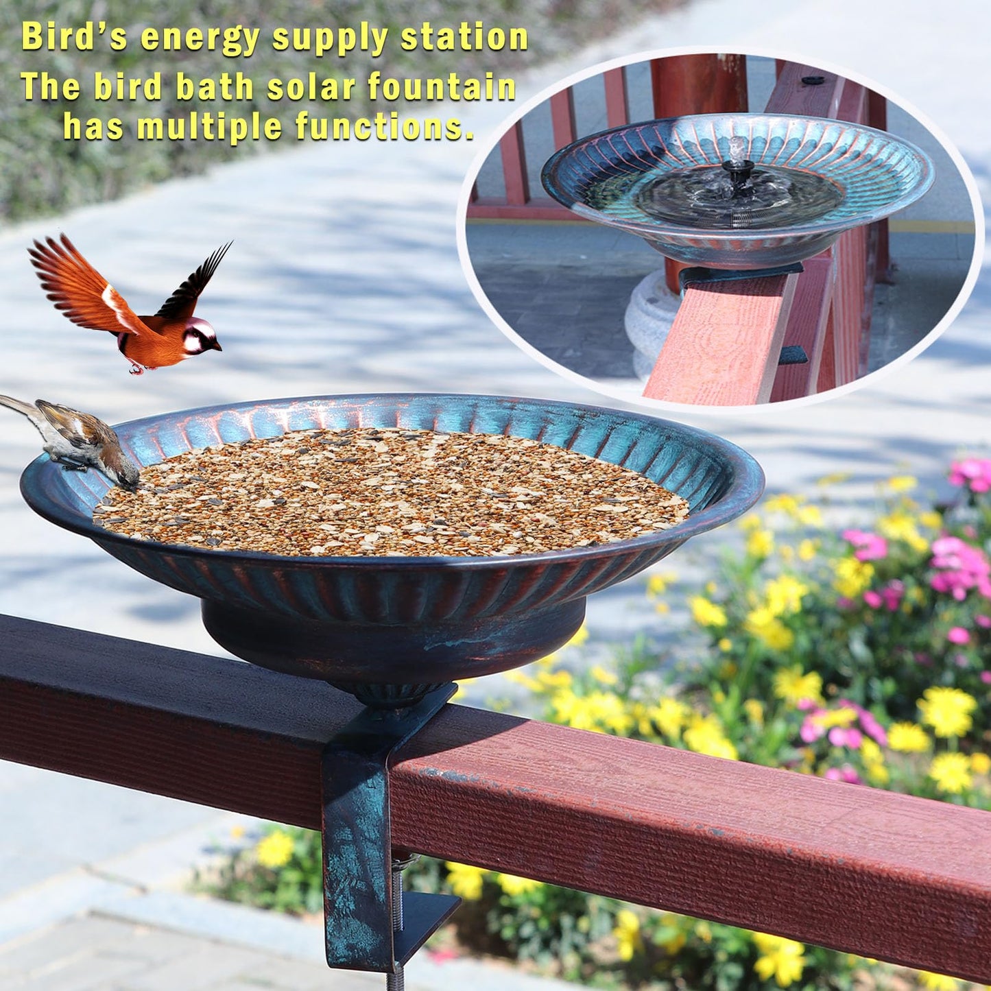 Solar Bird Bath,Deck Bird Bath with Solar Fountain,Metal Bird Bath Bubbler,Deck Mounted Bird Bath,Adjustable Sturdy Balcony Bird Bath,Patio Garden Decor