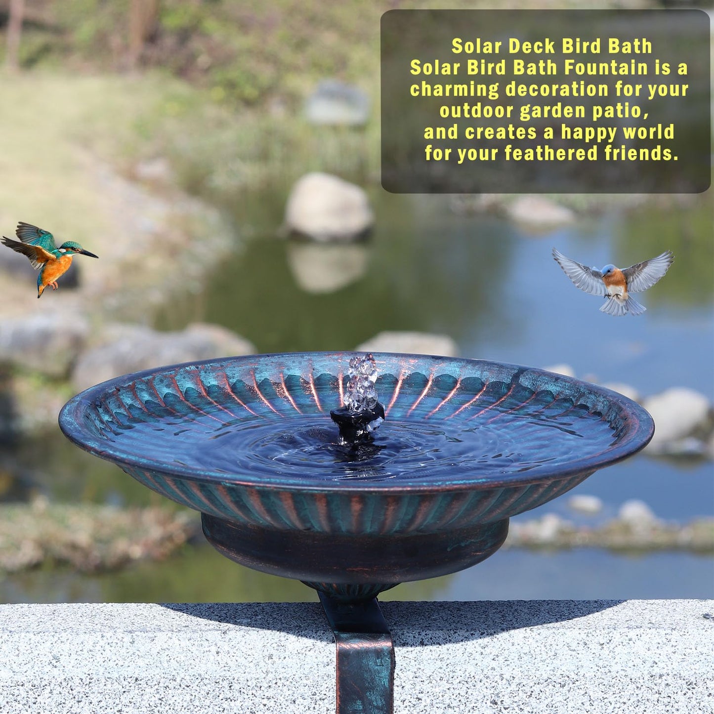 Solar Bird Bath,Deck Bird Bath with Solar Fountain,Metal Bird Bath Bubbler,Deck Mounted Bird Bath,Adjustable Sturdy Balcony Bird Bath,Patio Garden Decor