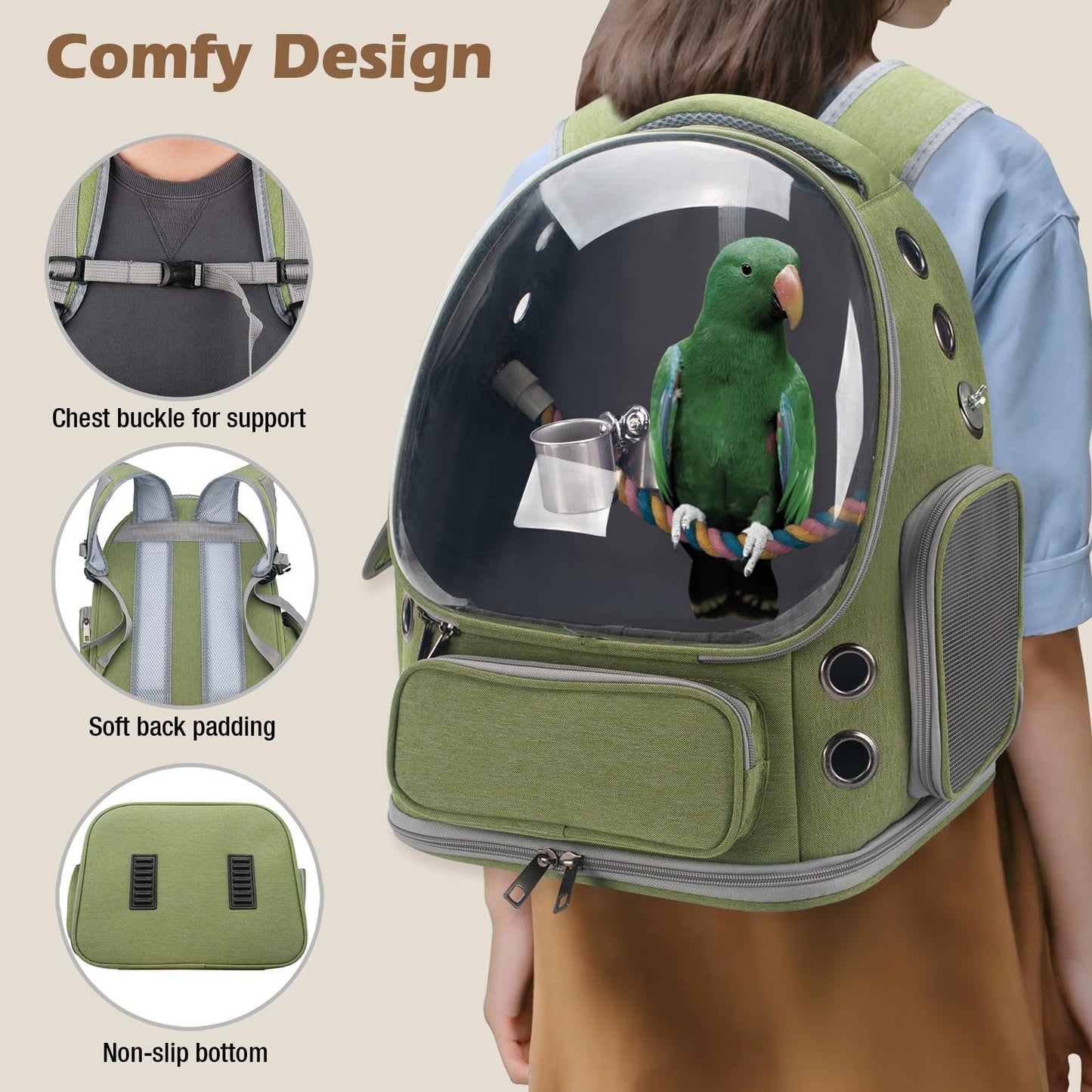 Kreachur Bird Backpack Carrier Travel Cage with Perch, Tray and Breathable Clear Window, Bird Travel Cage for Cockatiel Caique Conure Quaker, for Vetting Camping Hiking (Green)