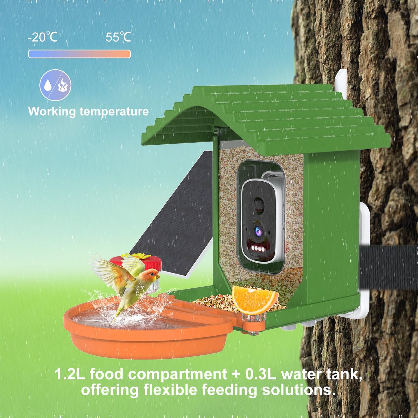 Smart AI Bird Feeder with Camera,2.5K HD Live View,Solar Powered,Instant Birds Species Recognition,Real Time Alerts,Wireless Birdhouse with Night Vision,Ideal Gift,Green