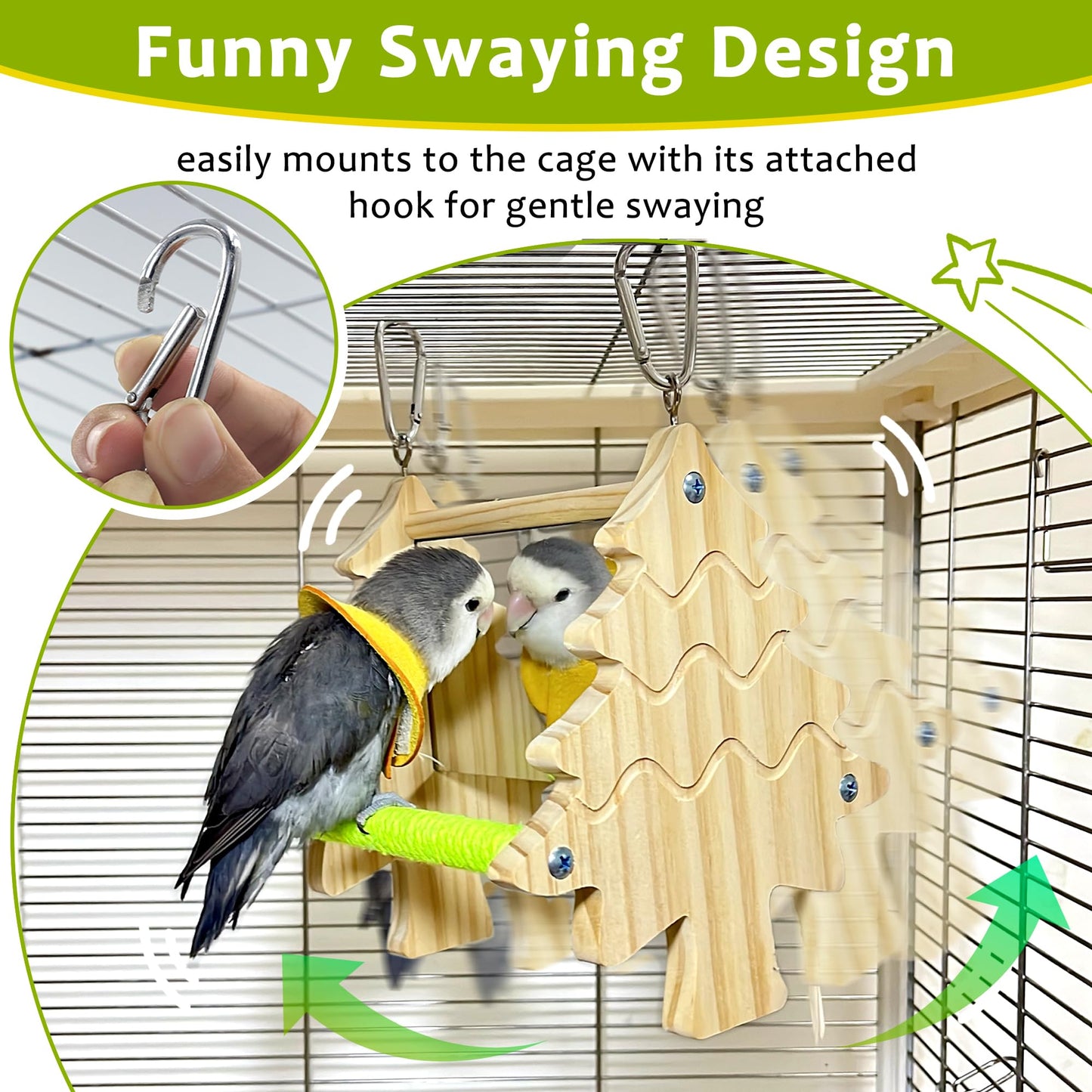 Bird Mirror Toy Perch, 2-Sided Hd Parakeet Mirrors & 2 Cotton-Wrapped Perches for Multiple Birds, Wooden Frame Hanging Parrot Swing for Cage, Safe No Sharp Edges Bird Toy for Budgie Lovebird Cockatiel