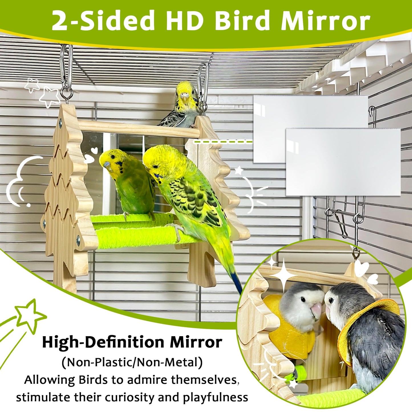 Bird Mirror Toy Perch, 2-Sided Hd Parakeet Mirrors & 2 Cotton-Wrapped Perches for Multiple Birds, Wooden Frame Hanging Parrot Swing for Cage, Safe No Sharp Edges Bird Toy for Budgie Lovebird Cockatiel