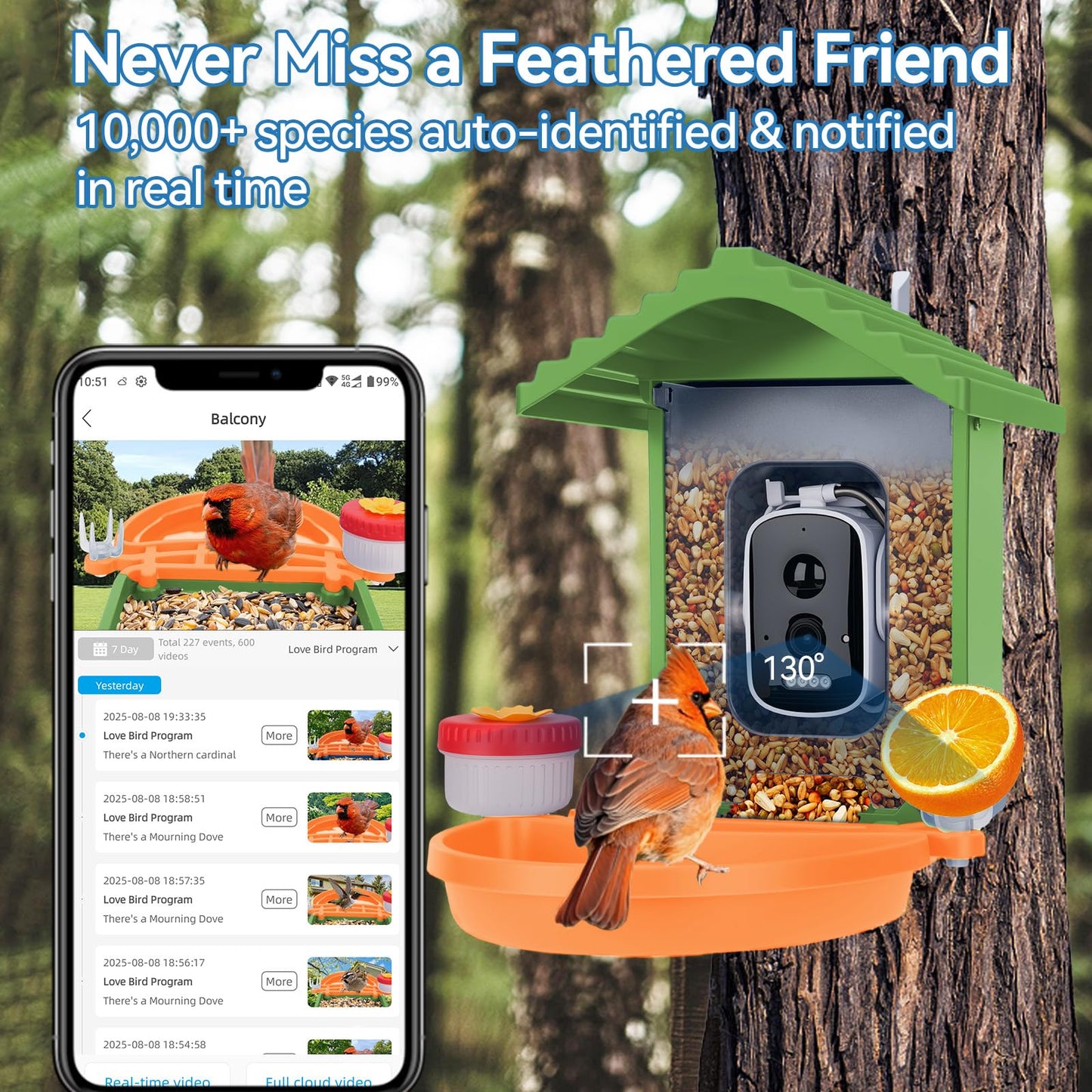 Smart AI Bird Feeder with Camera,2.5K HD Live View,Solar Powered,Instant Birds Species Recognition,Real Time Alerts,Wireless Birdhouse with Night Vision,Ideal Gift,Green