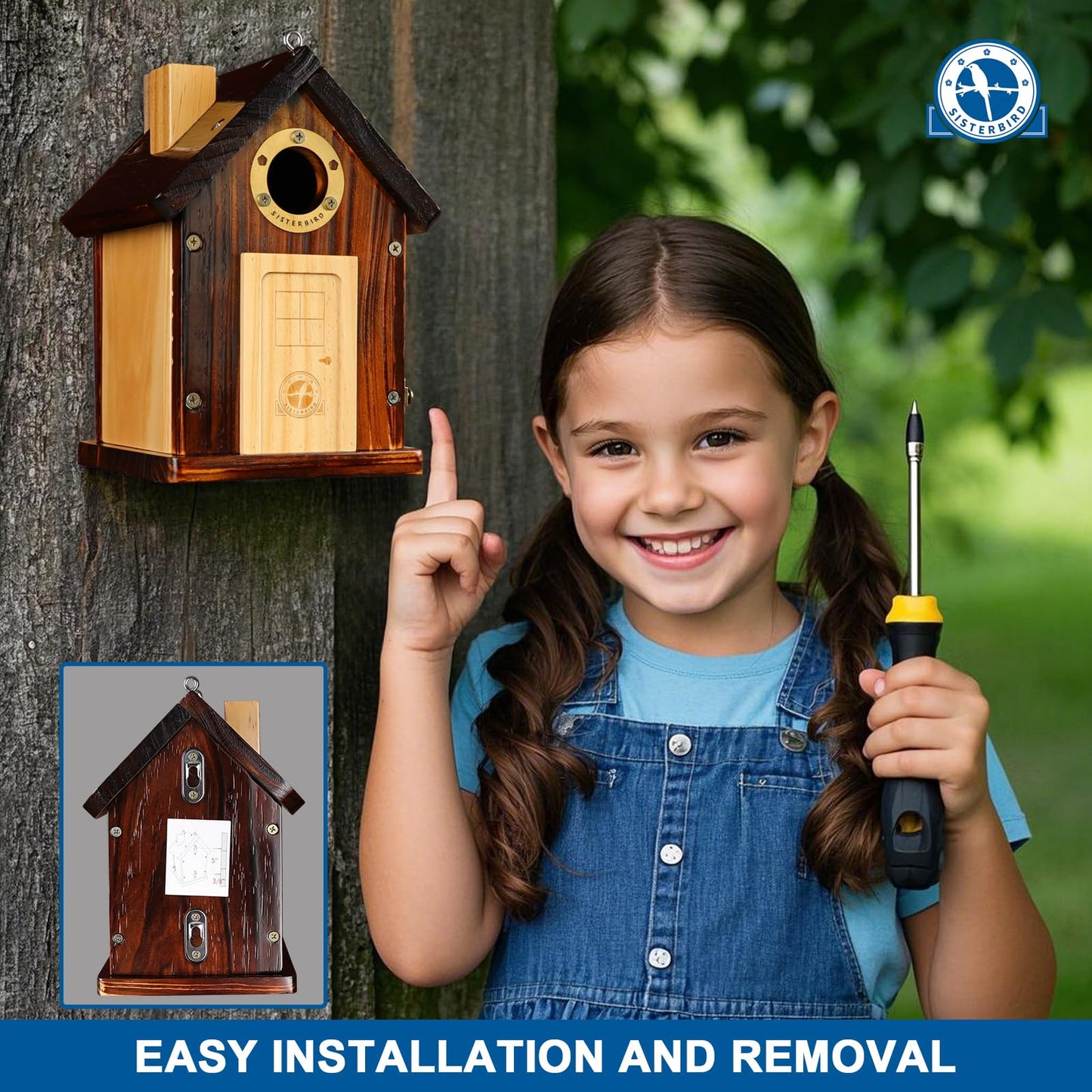 SISTERBIRD Bluebird Houses for Outside, Premium Bird Houses for Outside, Wooden Cabin Birdhouses for Outdoors, Weatherproof Courtyard Decorated Hanging Bird House, Nesting Bird House