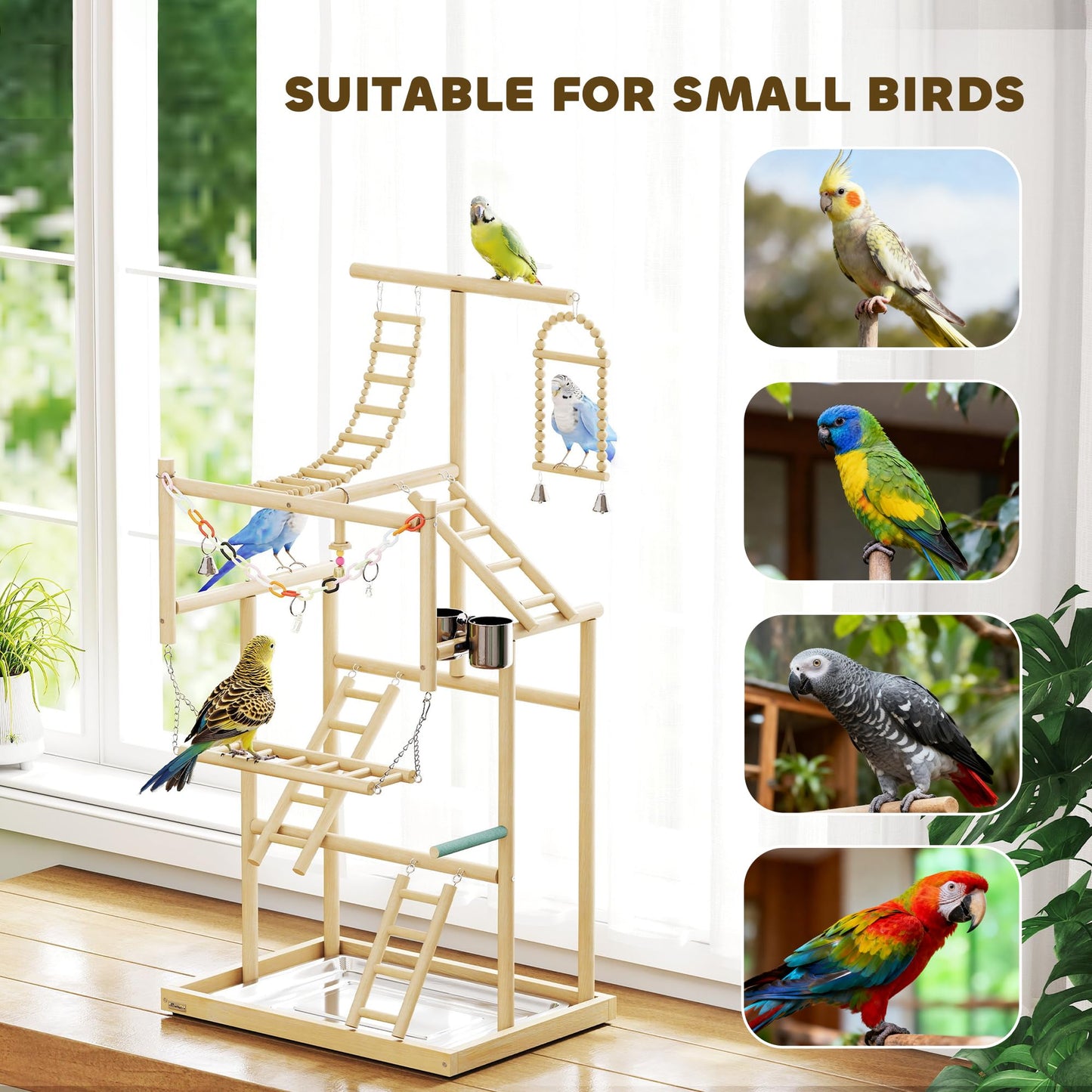 PawHut Bird Playground, 4 Layer Wooden Parrot Play Stand with Ladders, Chain Toy, Stainless Steel Cups and Tray, Bird Cage Accessories for Parakeets, Cockatiels, Finches, Lovebirds, Budgie