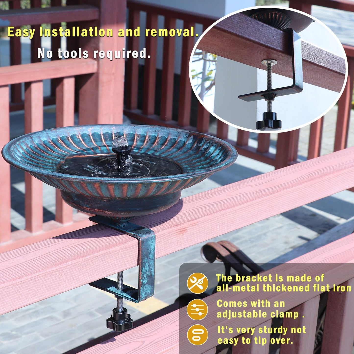 Solar Bird Bath,Deck Bird Bath with Solar Fountain,Metal Bird Bath Bubbler,Deck Mounted Bird Bath,Adjustable Sturdy Balcony Bird Bath,Patio Garden Decor