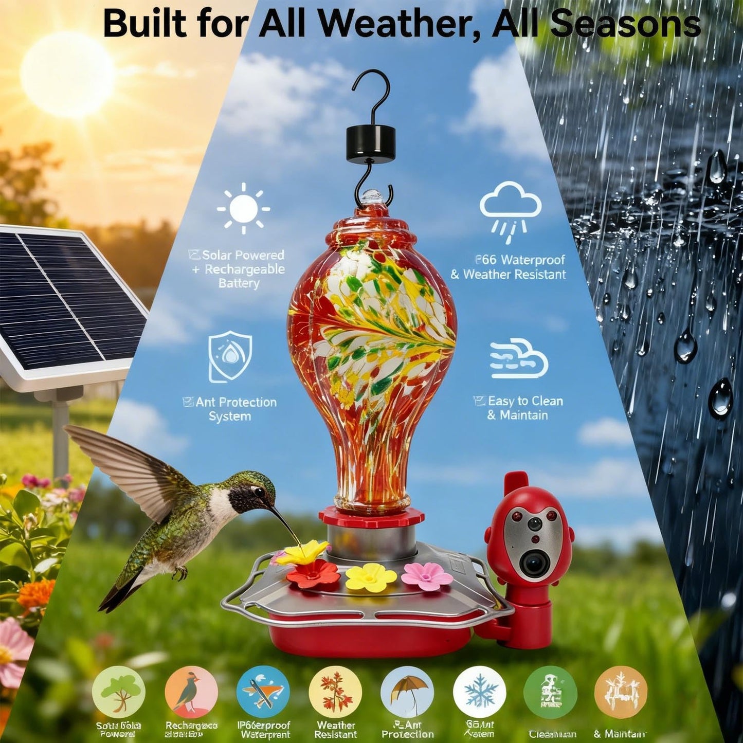 Hummingbird Feeder with Camera, Smart Glass Humming Bird Feeder Camera Solar Powered, AI Identify and Instant Notifications, 2K Live View, Leak-Proof Ant & Bee Proof, Ideal Gift for Bird Lovers