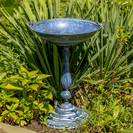 Zaer Ltd. Ornate Metal Pedestal Style Birdbath with Cast Iron Birds on Rim Full Base (Blue)