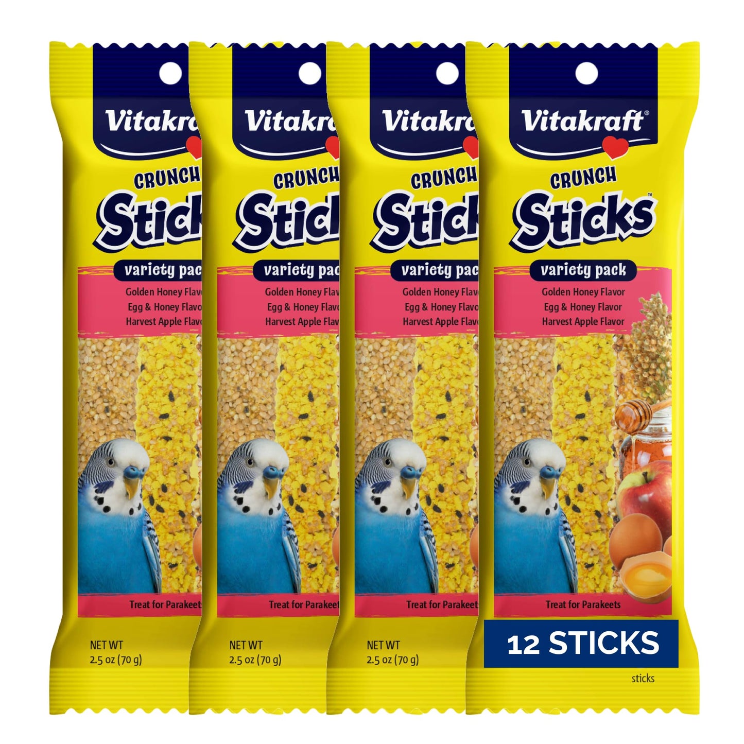 Vitakraft Crunch Sticks Parakeet Treat - Triple-Baked Millet Parakeet Treats with Natural Wood Center - Crunchy & Nutritious Bird Treat Sticks for Small Animals (12 Count, Honey, Egg, and Apple)