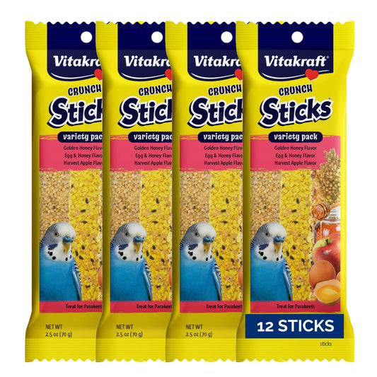 Vitakraft Crunch Sticks Parakeet Treat - Triple-Baked Millet Parakeet Treats with Natural Wood Center - Crunchy & Nutritious Bird Treat Sticks for Small Animals (12 Count, Honey, Egg, and Apple)