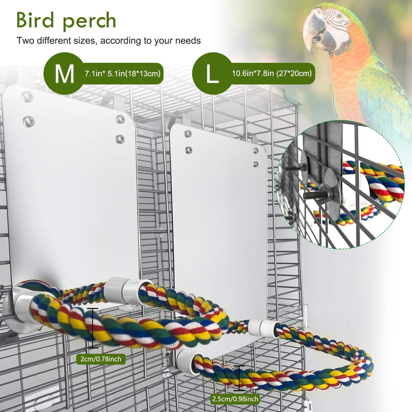 BWOGUE 7 Inch Bird Mirror with Rope Perch Cockatiel Mirror for Cage Bird Toys Swing Parrot Cage Toys for Parakeet Cockatoo Cockatiel Conure Lovebirds Finch Canaries