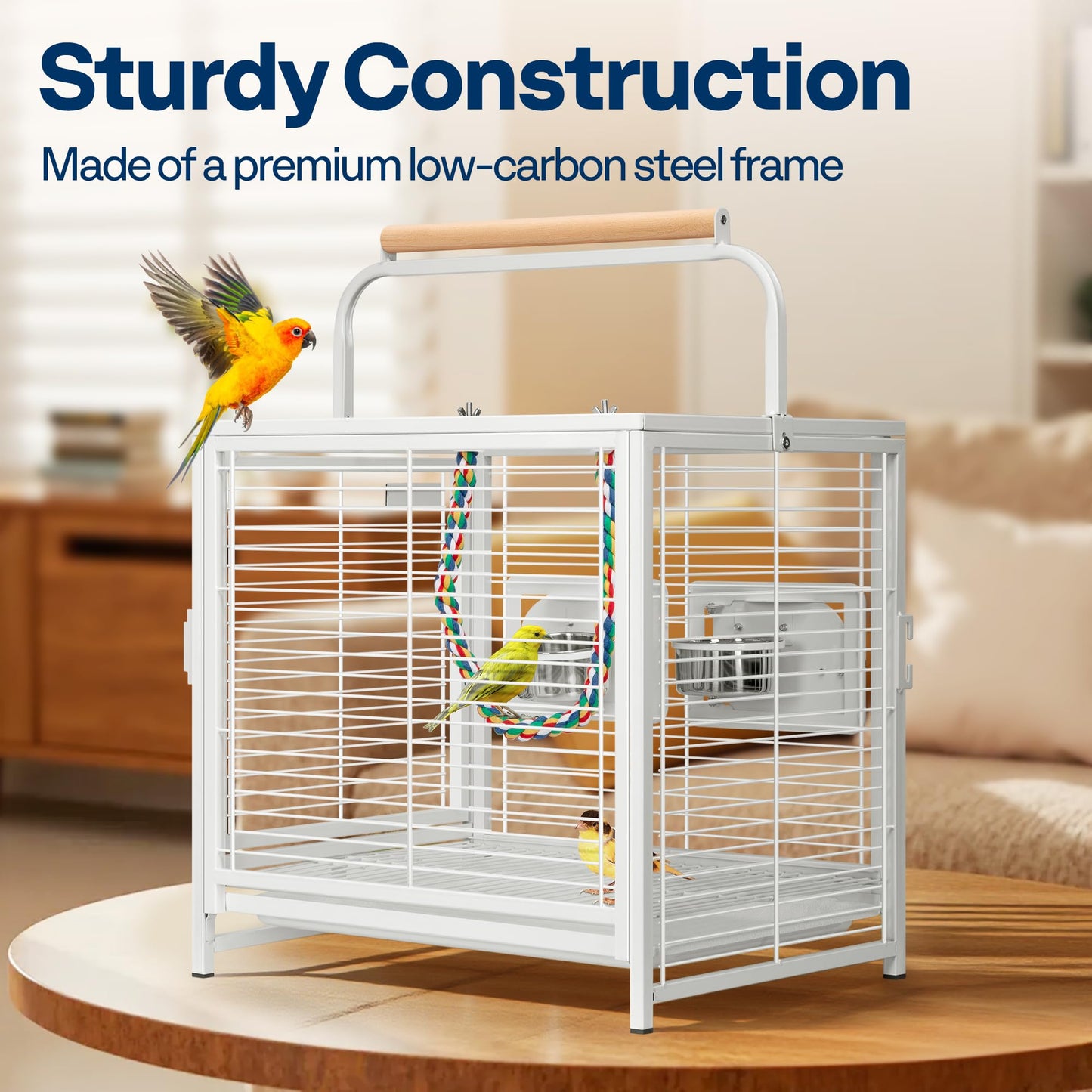 VIVOHOME 19 Inch Wrought Iron Bird Travel Carrier Cage for Parrots Conures Lovebird Cockatiel Parakeets White