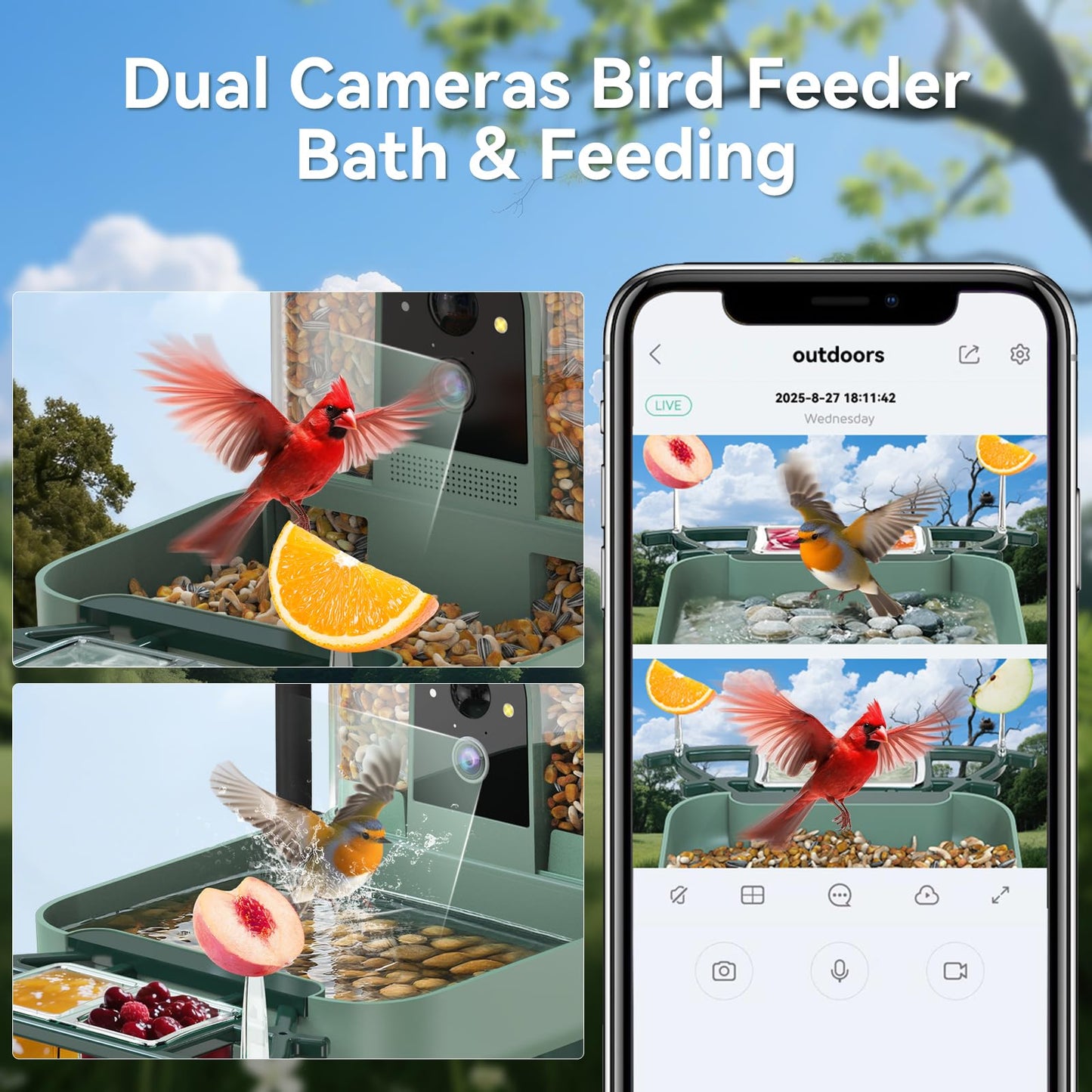 KUIKEO Dual-Lens Bird Feeder with Camera & Bird Bath Combo, Watch Birds Eat & Bathe with WiFi 2K HD Video, Auto Record, AI Recognition, APP Alerts, Solar Powered, for Backyard Garden Porch Fence Decor