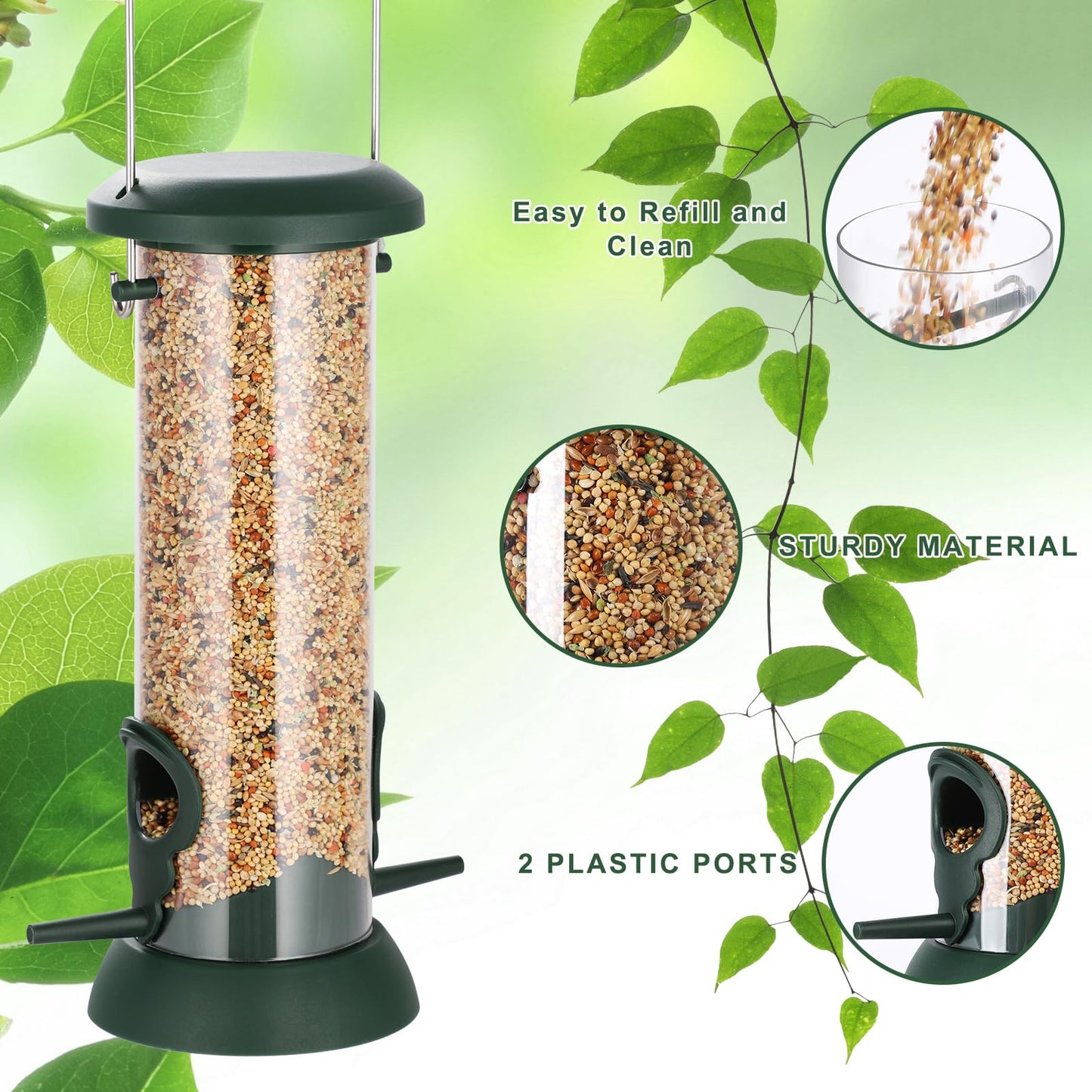 FEED GARDEN 2 Pack Tube Bird Feeders for Outdoors Hanging, Premium Hard Plastic Wild Bird Feeders with 2 Ports, Small Bird Feeder Easy-Refill&Clean, Gifts for Mom Woman, 8.5 Inch Green