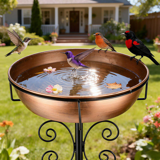 3" Deep 43" Tall Metal Bird Bath for Outdoors, 12" Dia Removable Bird Baths Water Bowl for Outside, Vintage Standing Birdbaths with Stable Stake for Garden Yard Lawn Decor 1.4 Gallon