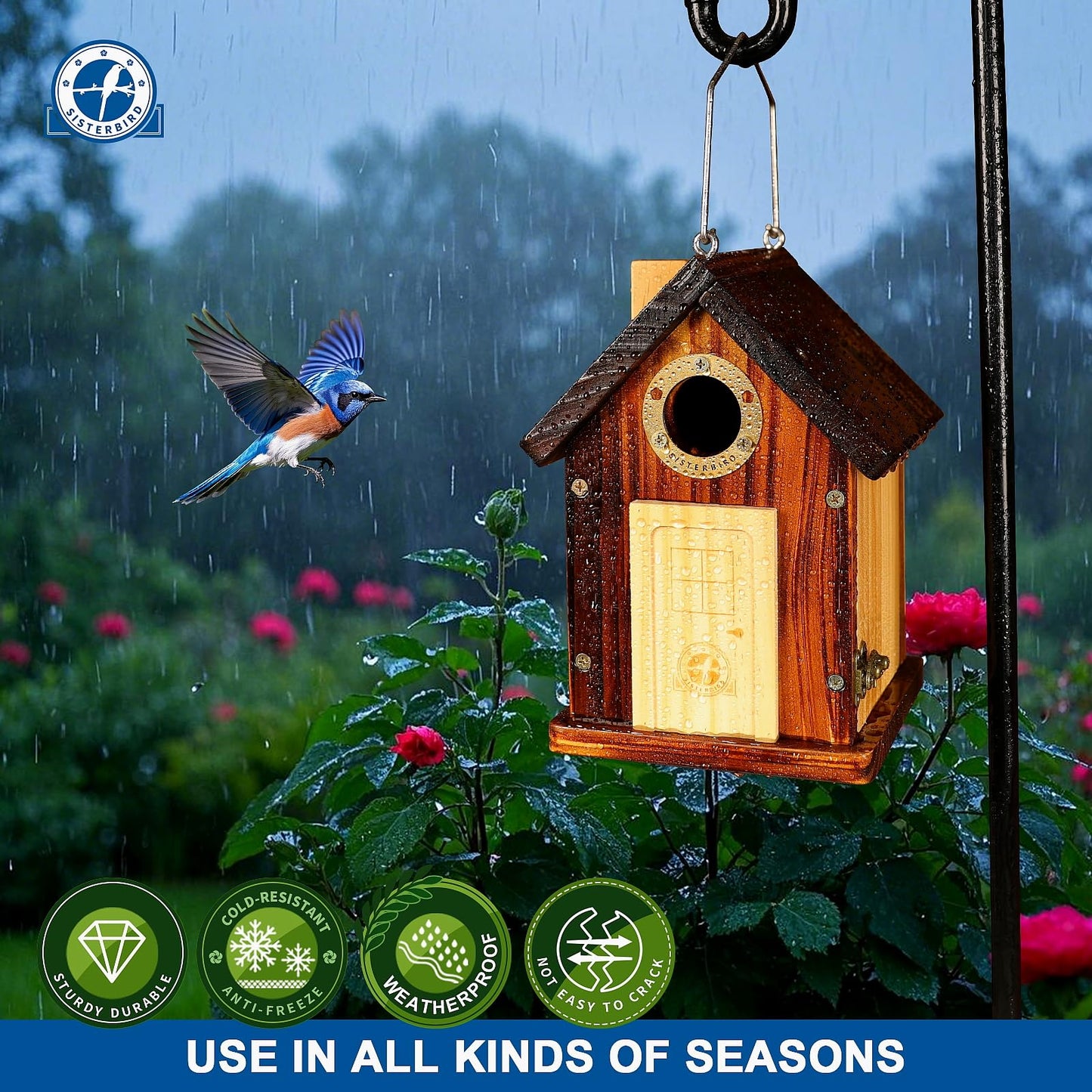 SISTERBIRD Bluebird Houses for Outside, Premium Bird Houses for Outside, Wooden Cabin Birdhouses for Outdoors, Weatherproof Courtyard Decorated Hanging Bird House, Nesting Bird House