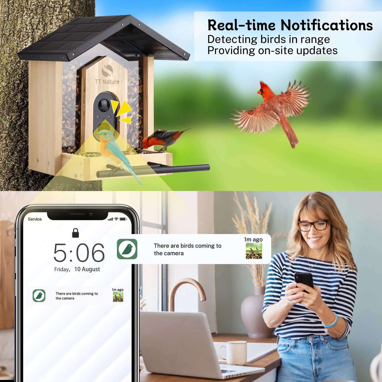 TT Nature Bird Feeder with Camera, Upgraded Smart Bird Feeder Al Identify for 10000 Species, Auto Capture & Real-time Notifications, Ideal Gift for Chirstmas