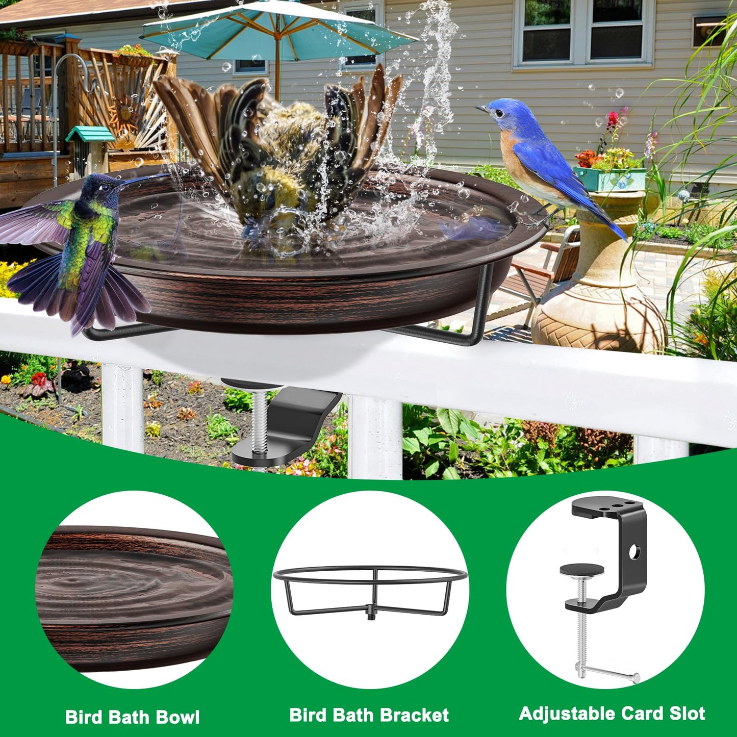 VeyFolzin.st Deck Mounted Bird Bath for Outside, Detachable Birdbath Bowl with Sturdy Clamp, Outdoor Bird Baths Bowl for Attracting Birds Garden Yard Decor (Brown)