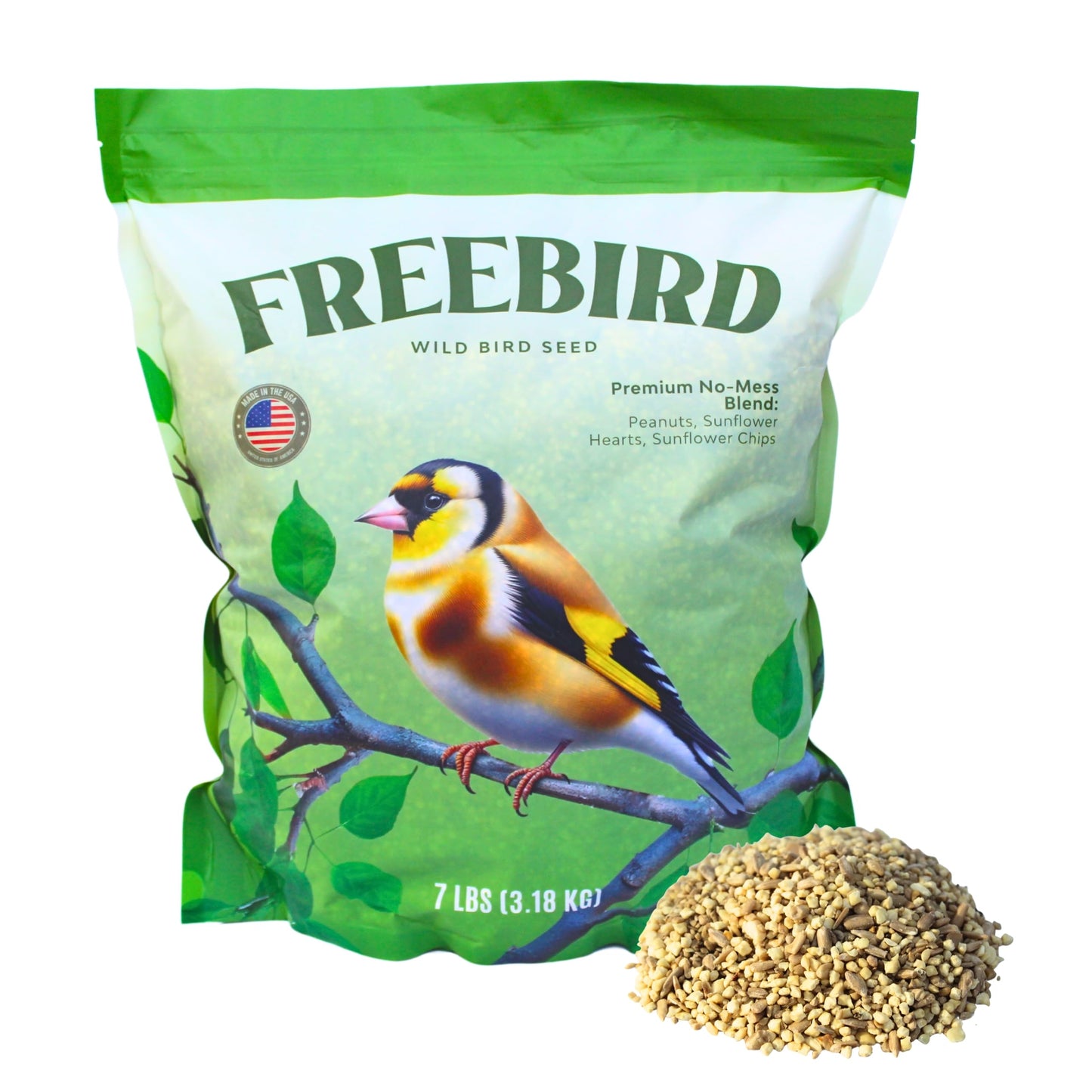 Premium No Mess Bird Seed by Freebird - Peanut Pieces, Sunflower Hearts, Sunflower Chips - 100% Waste Free Bird Food for Finches and Small Songbirds - 7lb Bag