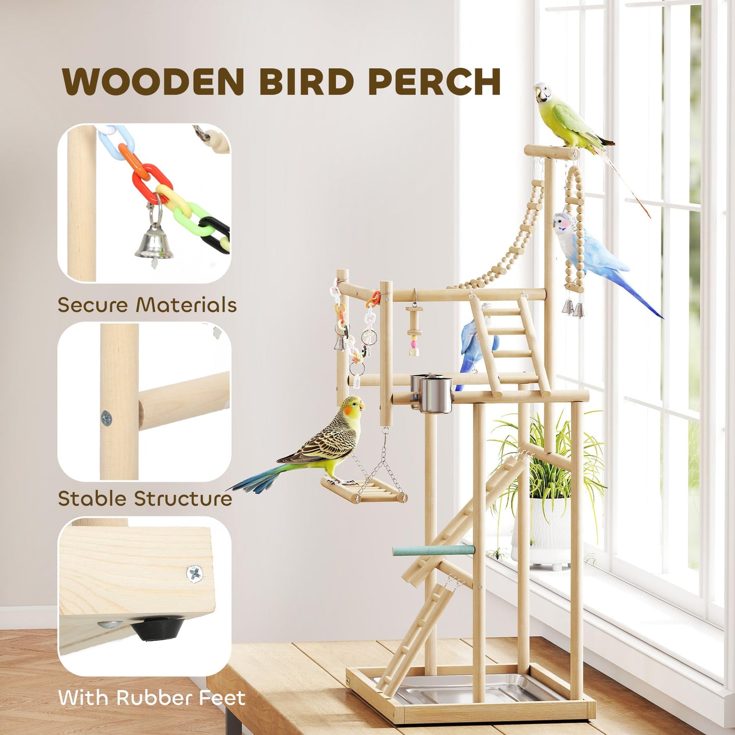 PawHut Bird Playground, 4 Layer Wooden Parrot Play Stand with Ladders, Chain Toy, Stainless Steel Cups and Tray, Bird Cage Accessories for Parakeets, Cockatiels, Finches, Lovebirds, Budgie