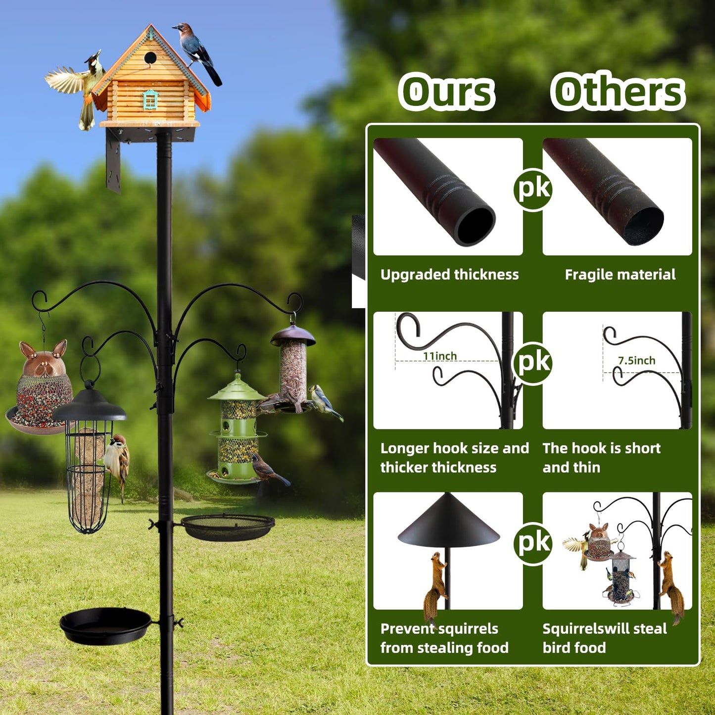 Bird Feeder Pole - 92 Inch Heavy Duty Birdhouse Stand with Squirrel Proof Baffle for Outdoor, Adjustable Bird Feeding Station with Multi Shepherds Hooks Mental Trays for Garden Attracting Wild Birds