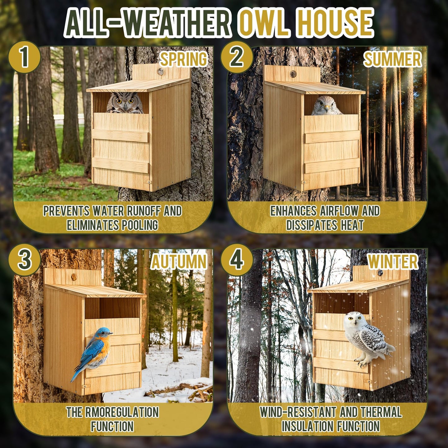AceOrbit 2 Pack Owl House Screech Owl Nesting Box Kit for Outside 15.4'' Carbonized Wooden Bird Squirrel House Opening Easy Assemble Christmas Shelter Gift with Water Bowl Wood Shavings Tools for Barn