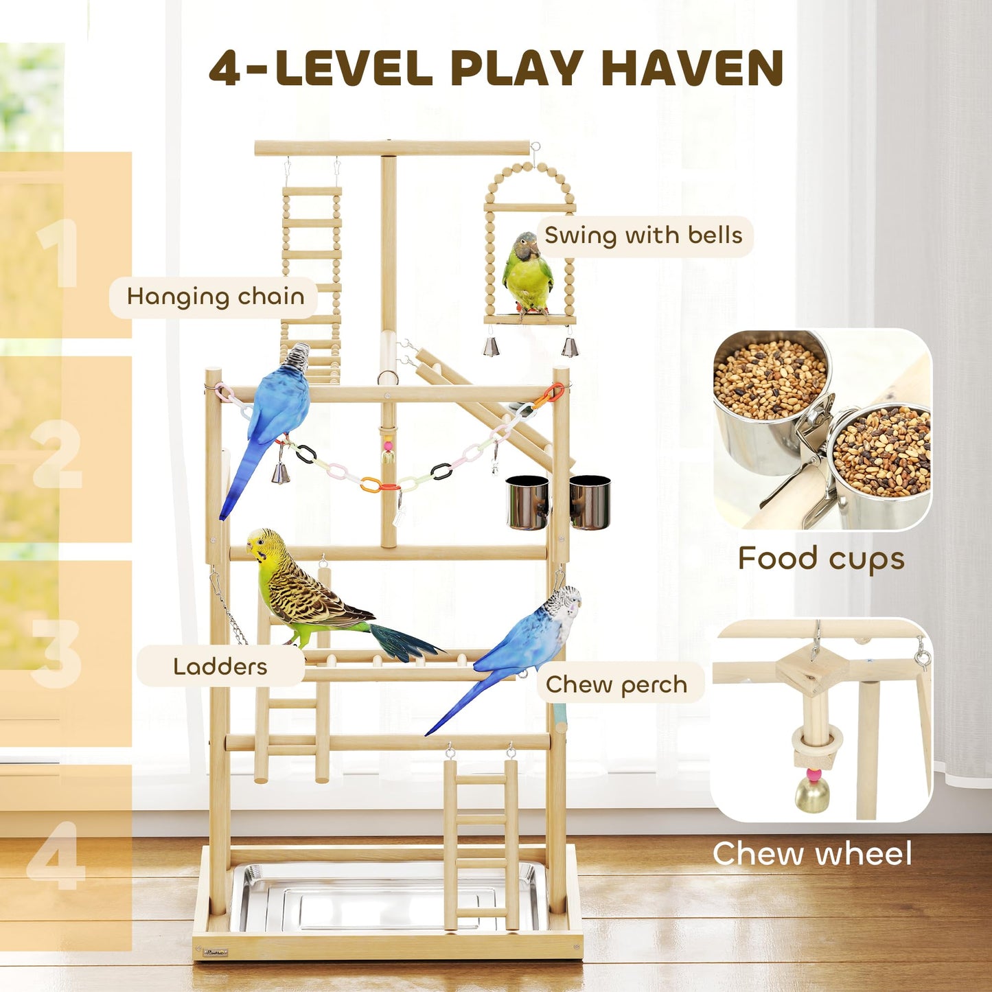 PawHut Bird Playground, 4 Layer Wooden Parrot Play Stand with Ladders, Chain Toy, Stainless Steel Cups and Tray, Bird Cage Accessories for Parakeets, Cockatiels, Finches, Lovebirds, Budgie
