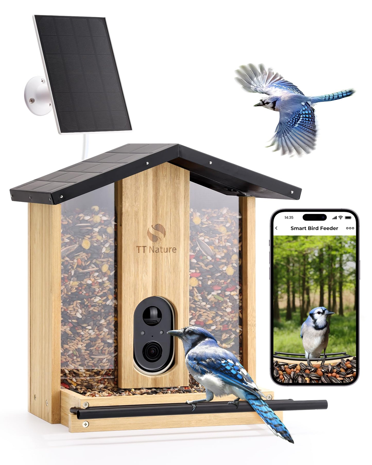 TT Nature Bird Feeder with Camera – 3L Smart Bird Feeder with AI Recognition, Live Streaming, Cloud Storage, Real-Time Alerts, Birdwatching Gift for Nature Lovers (Bamboo)
